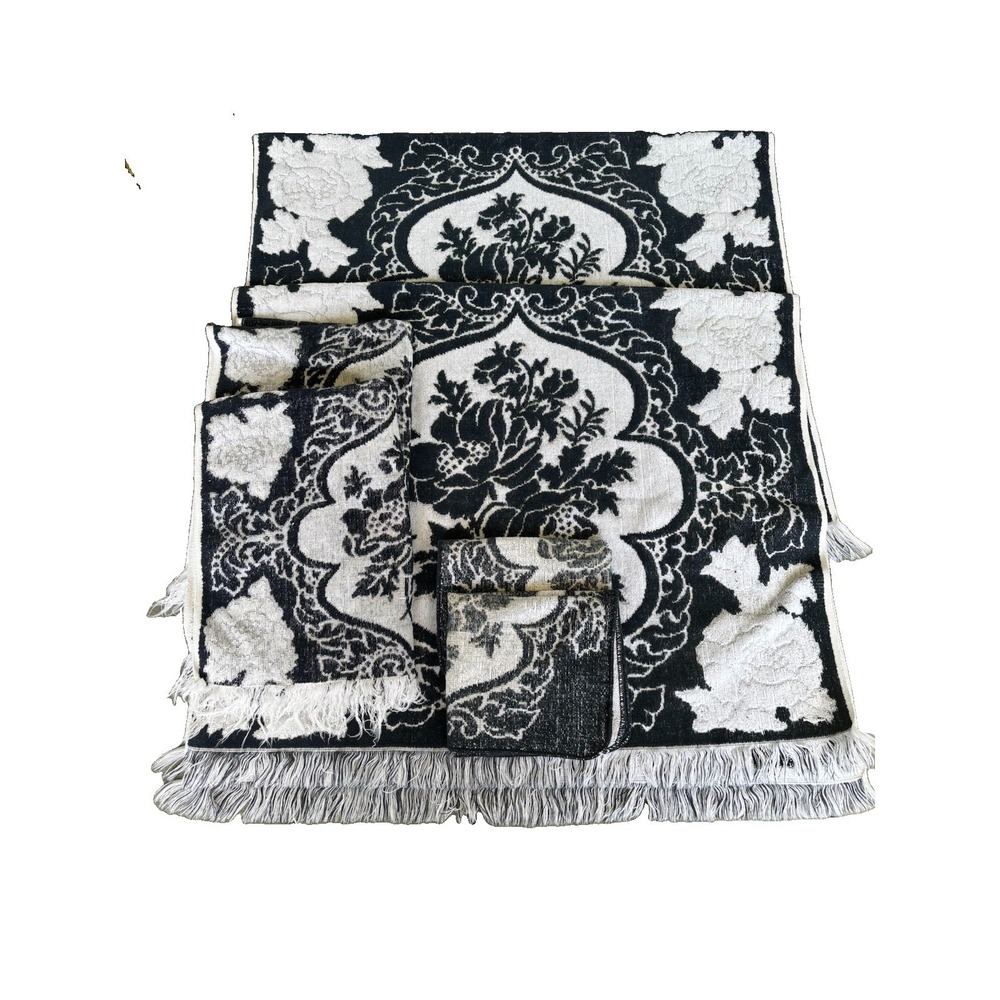 Vintage Fieldcrest Bath, Hand Towel & Washcloths-2 Sets Navy White Jacquard